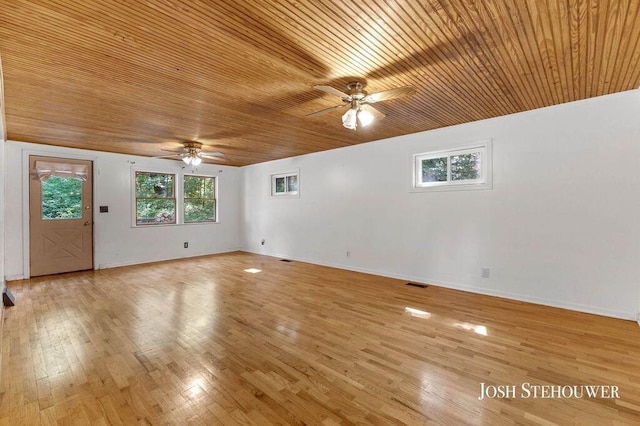 678 Pierce Rd, Plainwell, MI 49080 - empty room featuring a ceiling fan, wooden ceiling, plenty of natural light, and light wood-style floors