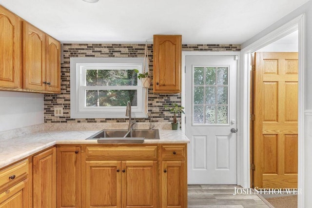 678 Pierce Rd, Plainwell, MI 49080 - kitchen with light countertops, decorative backsplash, light wood-type flooring, and brown cabinets