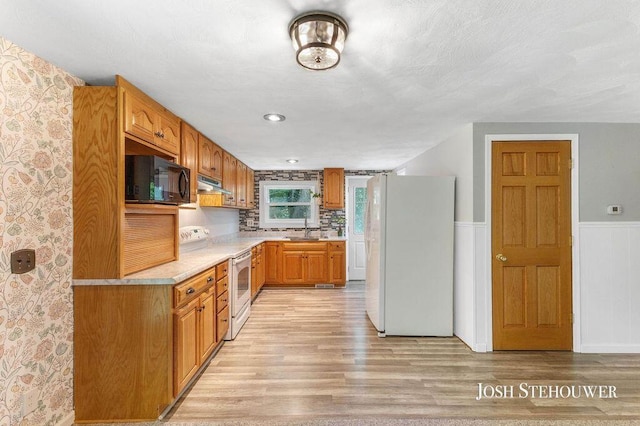 678 Pierce Rd, Plainwell, MI 49080 - kitchen featuring white appliances, under cabinet range hood, light countertops, light wood-type flooring, and wainscoting