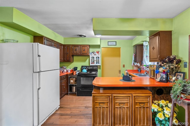 2650 N Lake George Rd, Metamora, MI 48455 - kitchen with freestanding refrigerator, black electric range oven, a peninsula, and light wood-style floors