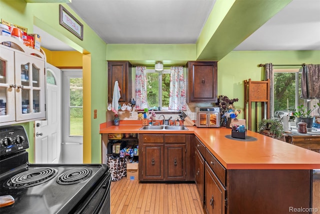2650 N Lake George Rd, Metamora, MI 48455 - kitchen featuring black electric range, a peninsula, and healthy amount of natural light
