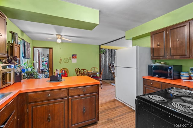 2650 N Lake George Rd, Metamora, MI 48455 - kitchen featuring black appliances, a peninsula, light wood-type flooring, light countertops, and a ceiling fan
