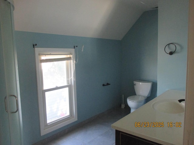 112 E Green St, Hastings, MI 49058 - full bathroom featuring vanity, vaulted ceiling, and an enclosed shower