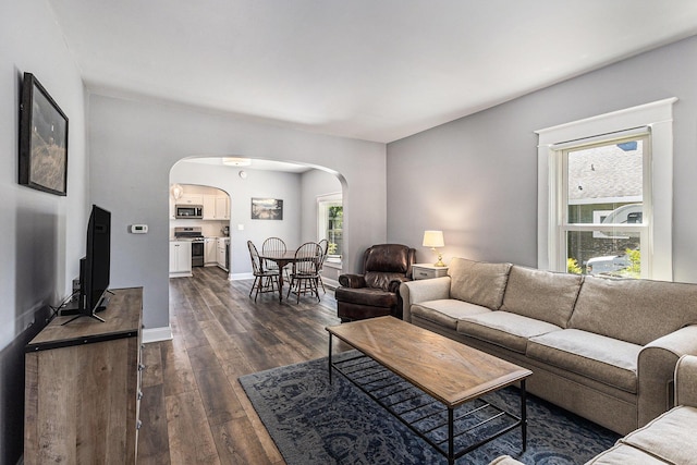 412 N Robert St, Ludington, MI 49431 - living area with arched walkways and dark wood-style floors
