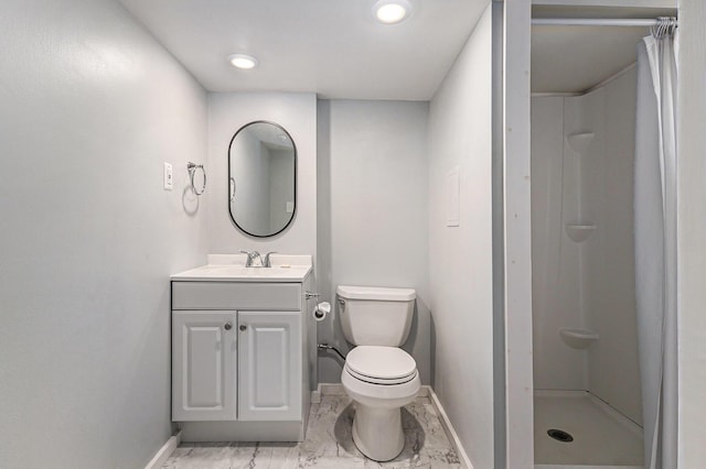 412 N Robert St, Ludington, MI 49431 - bathroom with marble look tiles, vanity, a shower with shower curtain, and recessed lighting