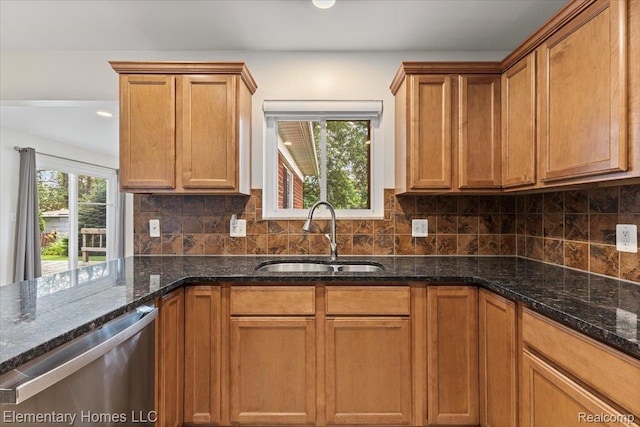 21142 Michael Ct, Saint Clair Shores, MI 48081 - kitchen featuring dishwasher, tasteful backsplash, dark stone counters, brown cabinets, and recessed lighting