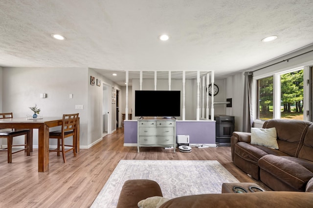 28644 Elm St, Dowagiac, MI 49047 - living room featuring light wood-style floors, a wood stove, recessed lighting, and a textured ceiling