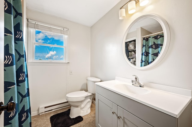 28644 Elm St, Dowagiac, MI 49047 - bathroom with baseboard heating, vanity, and curtained shower