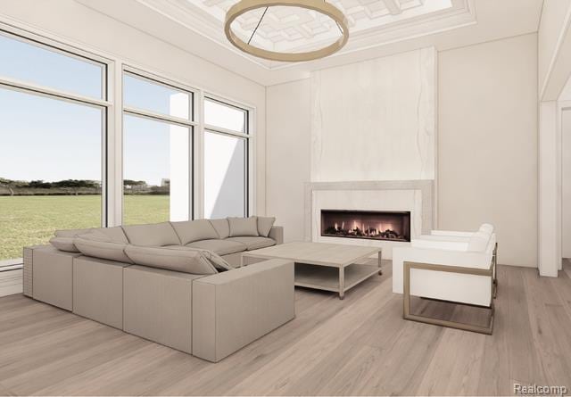 4350 The Heights Blvd, Rochester, MI 48306 - living area with ornamental molding, light wood finished floors, a fireplace, and coffered ceiling