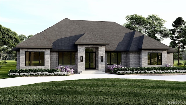 4350 The Heights Blvd, Rochester, MI 48306 - view of front of property featuring a front yard, stone siding, and a shingled roof