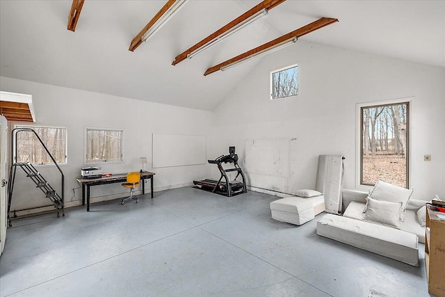 7227 Wheeler Rd, Whitmore Lake, MI 48189 - interior space featuring high vaulted ceiling, beam ceiling, and finished concrete flooring