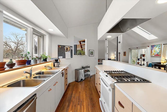 7227 Wheeler Rd, Whitmore Lake, MI 48189 - kitchen featuring white gas range, dishwasher, a skylight, dark wood finished floors, and light countertops