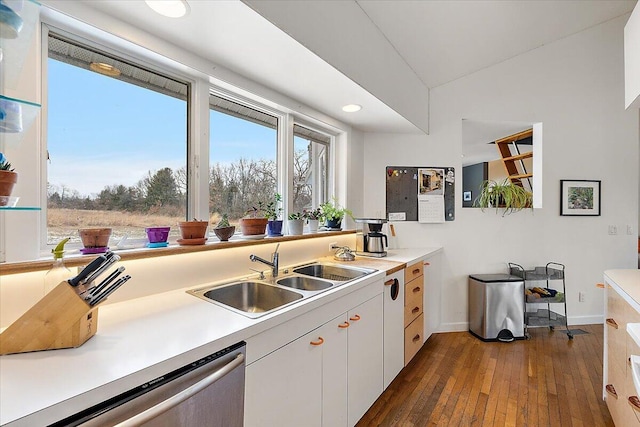 7227 Wheeler Rd, Whitmore Lake, MI 48189 - kitchen with dishwasher, dark wood finished floors, white cabinets, and light countertops