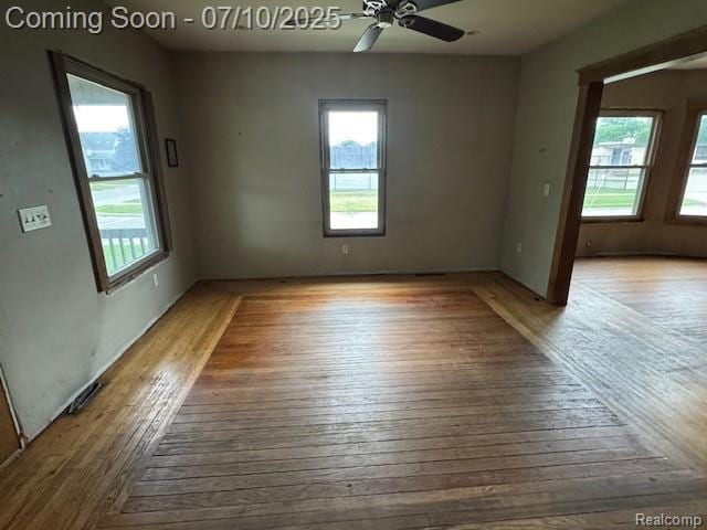 566 Elm St, Wyandotte, MI 48192 - empty room featuring healthy amount of natural light, ceiling fan, and wood-type flooring