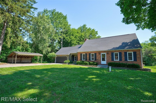 1406 Country View Ln, Flint, MI 48532 - view of front of property with a detached carport, a front yard, driveway, an attached garage, and brick siding