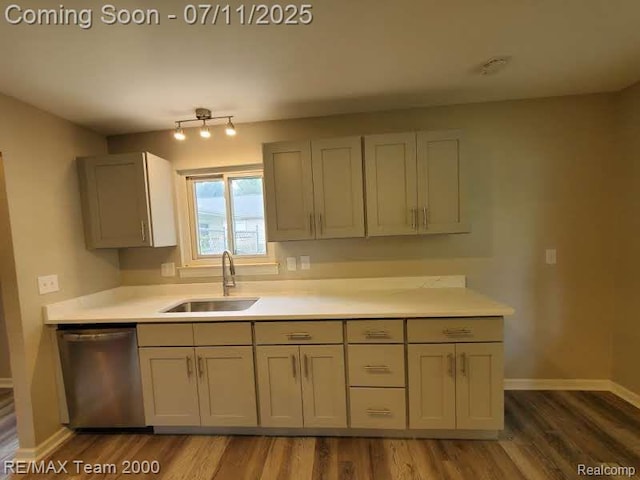 4638 Gertrude St, Dearborn Heights, MI 48125 - kitchen featuring stainless steel dishwasher, wood finished floors, and gray cabinets