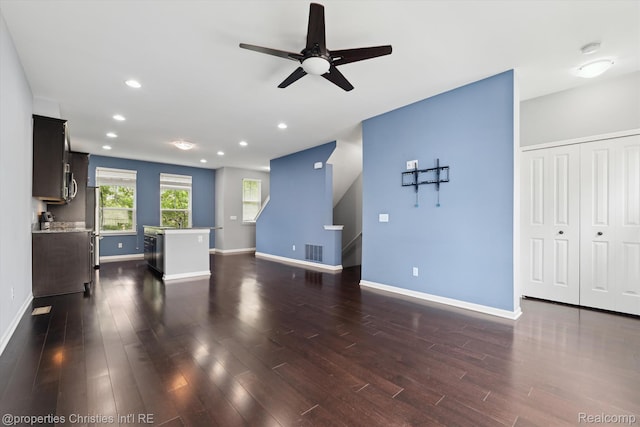 1051 N Sherman Dr Unit B19, Royal Oak, MI 48067 - unfurnished living room featuring dark wood-style flooring, ceiling fan, and recessed lighting