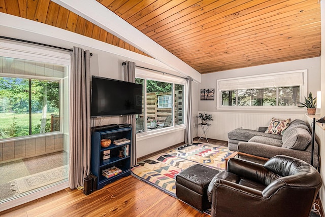 6706 E Carrigan Dr, Newaygo, MI 49337 - living area with lofted ceiling, wood finished floors, and wood ceiling