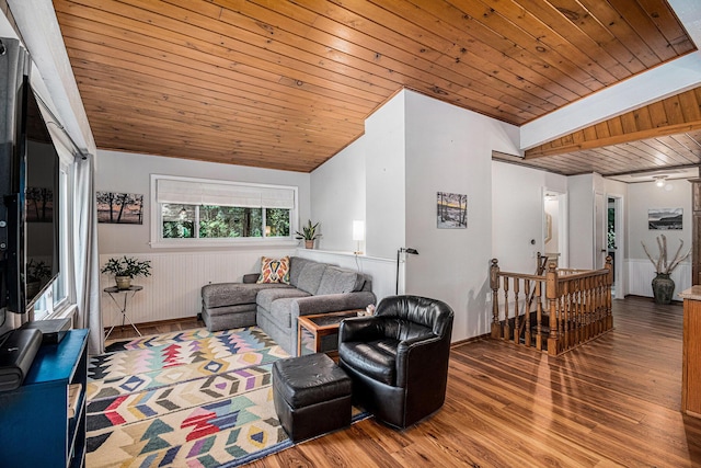 6706 E Carrigan Dr, Newaygo, MI 49337 - living area with wood finished floors, wood ceiling, vaulted ceiling, and wainscoting