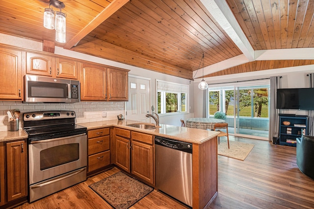 6706 E Carrigan Dr, Newaygo, MI 49337 - kitchen with appliances with stainless steel finishes, tasteful backsplash, wood finished floors, healthy amount of natural light, and wood ceiling