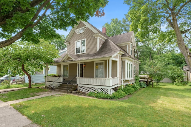 1310 Washington Ave, Kalamazoo, MI 49001 - view of front facade featuring a porch, a chimney, a front lawn, and a shingled roof