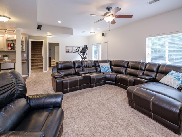 3740 Pristine Ave, Kalamazoo, MI 49048 - carpeted living area featuring ceiling fan, stairway, and recessed lighting