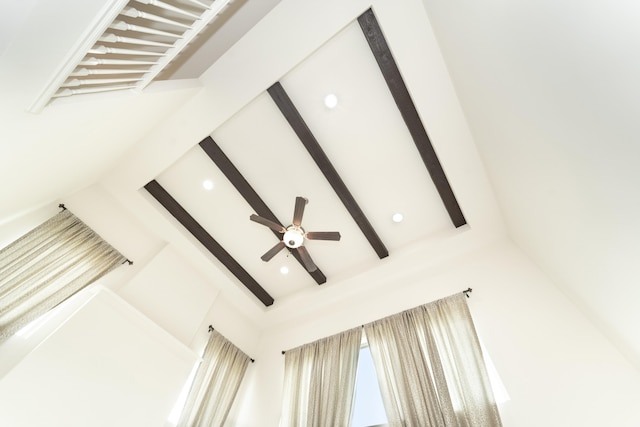 4215 Chandi Ct, Ypsilanti, MI 48197 - detailed view of beam ceiling, recessed lighting, and a ceiling fan