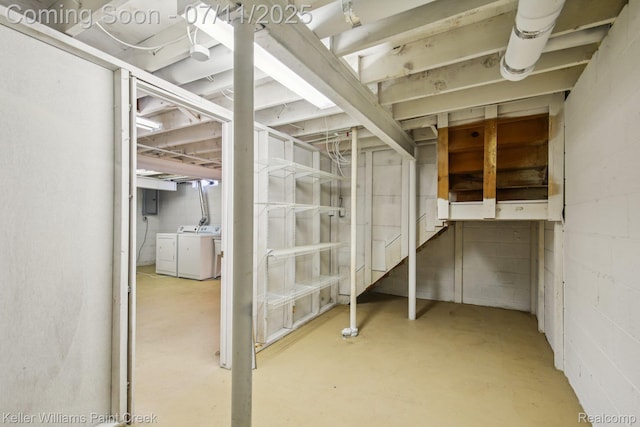 36819 Maas Dr, Sterling Heights, MI 48312 - unfinished basement featuring washer and clothes dryer, electric panel, and concrete block wall