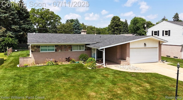 36819 Maas Dr, Sterling Heights, MI 48312 - view of front of home featuring brick siding, a garage, a front lawn, driveway, and a chimney