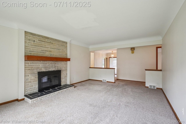 36819 Maas Dr, Sterling Heights, MI 48312 - unfurnished living room featuring carpet, a chandelier, and a fireplace