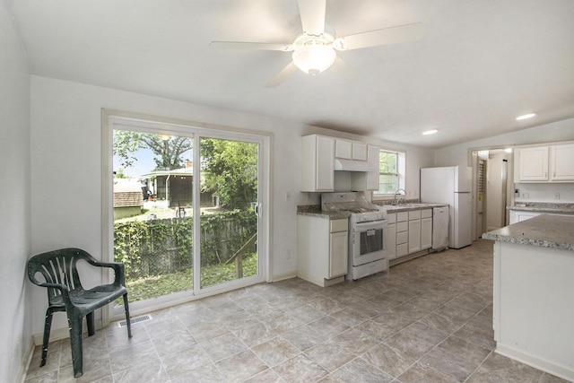 13114 Brockway Blvd, Vicksburg, MI 49097 - kitchen featuring white appliances, white cabinetry, ceiling fan, and recessed lighting