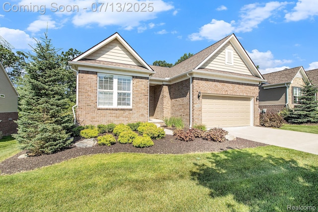 4104 Ashdale Way, Clarkston, MI 48348 - ranch-style home featuring brick siding, a front lawn, concrete driveway, an attached garage, and roof with shingles