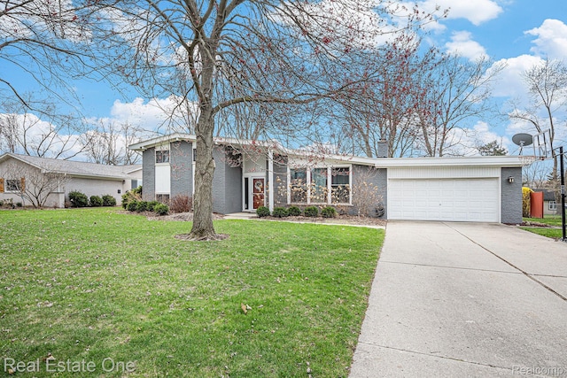 8477 Church Rd, Grosse Ile, MI 48138 - mid-century modern home with concrete driveway, a garage, a front yard, and brick siding