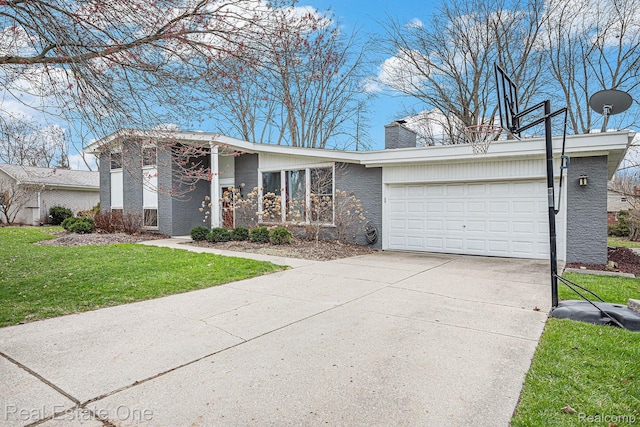 8477 Church Rd, Grosse Ile, MI 48138 - mid-century home with a garage, a chimney, concrete driveway, and a front lawn