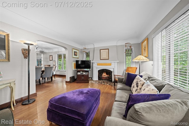 115 Illinois Ave, Pontiac, MI 48341 - living room with arched walkways, wood finished floors, and a warm lit fireplace