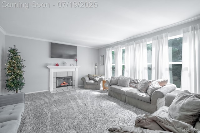 1884 Autumn Glen Dr, Howell, MI 48843 - carpeted living area with crown molding, plenty of natural light, and a tiled fireplace