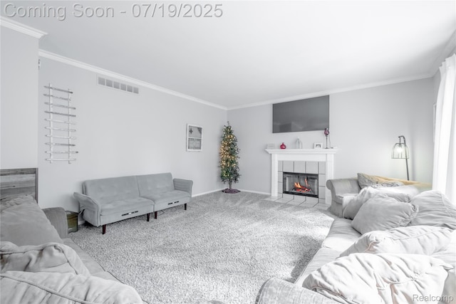 1884 Autumn Glen Dr, Howell, MI 48843 - living area with ornamental molding, carpet flooring, and a fireplace
