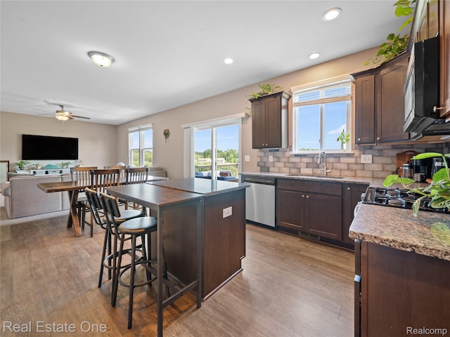 2838 Bogues View Dr, Howell, MI 48843 - kitchen featuring stainless steel appliances, dark brown cabinetry, light wood-type flooring, and recessed lighting