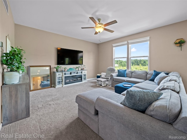 2838 Bogues View Dr, Howell, MI 48843 - living room featuring carpet and a ceiling fan