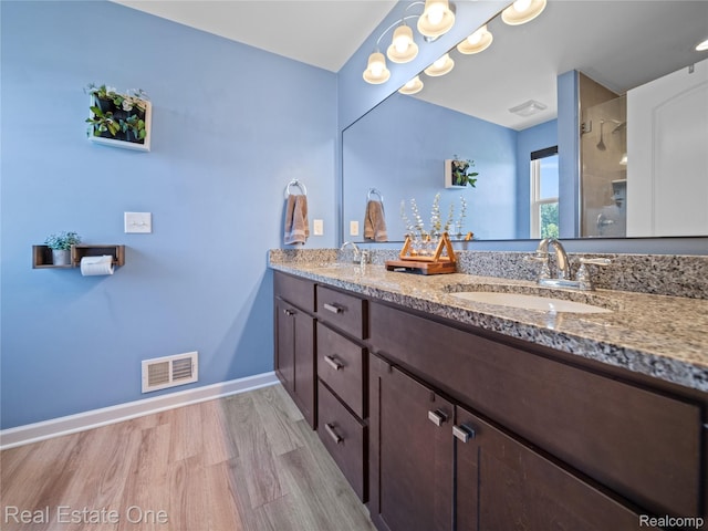 2838 Bogues View Dr, Howell, MI 48843 - full bathroom with double vanity, wood finished floors, and a shower
