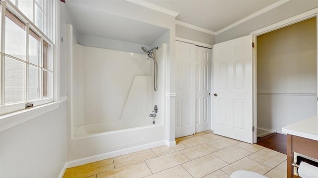 1330 Desmond St, Saint Joseph, MI 49085 - bathroom with shower / washtub combination, vanity, tile patterned flooring, and crown molding