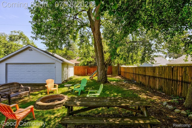 1517 W Troy St, Ferndale, MI 48220 - fenced backyard featuring a fire pit and an outbuilding