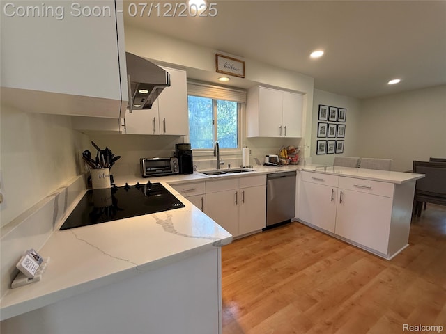 4178 Breckenridge Dr, West Bloomfield, MI 48322 - kitchen with ventilation hood, stainless steel dishwasher, black electric stovetop, a peninsula, and white cabinetry