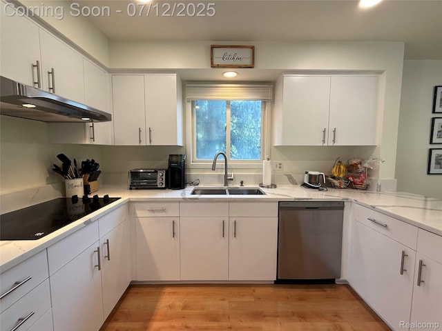 4178 Breckenridge Dr, West Bloomfield, MI 48322 - kitchen with dishwasher, black electric stovetop, under cabinet range hood, white cabinetry, and recessed lighting