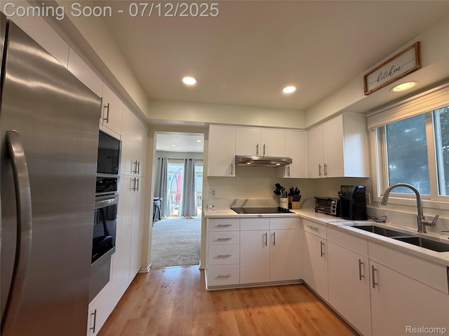 4178 Breckenridge Dr, West Bloomfield, MI 48322 - kitchen with stainless steel appliances, under cabinet range hood, white cabinets, light wood-style floors, and recessed lighting