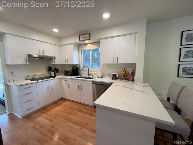 4178 Breckenridge Dr, West Bloomfield, MI 48322 - kitchen with under cabinet range hood, stainless steel dishwasher, light wood-style floors, a peninsula, and black electric cooktop