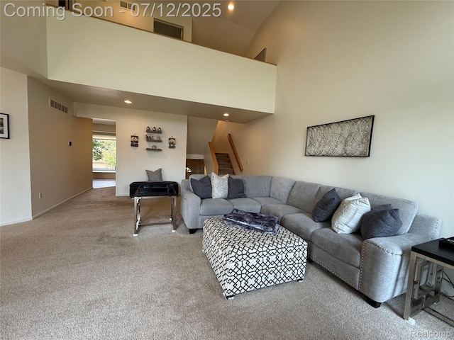 4178 Breckenridge Dr, West Bloomfield, MI 48322 - living room featuring stairway, carpet flooring, recessed lighting, and a towering ceiling