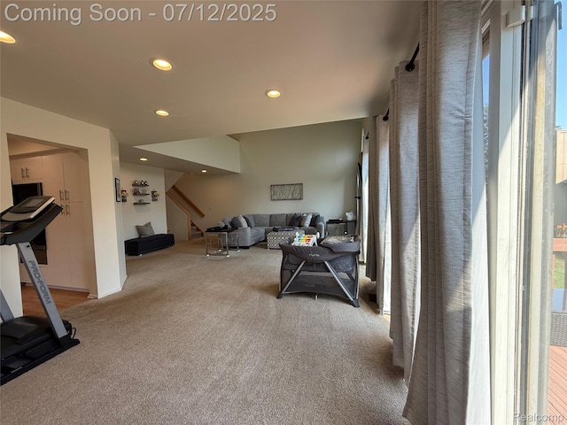 4178 Breckenridge Dr, West Bloomfield, MI 48322 - living area with carpet, recessed lighting, stairway, and plenty of natural light