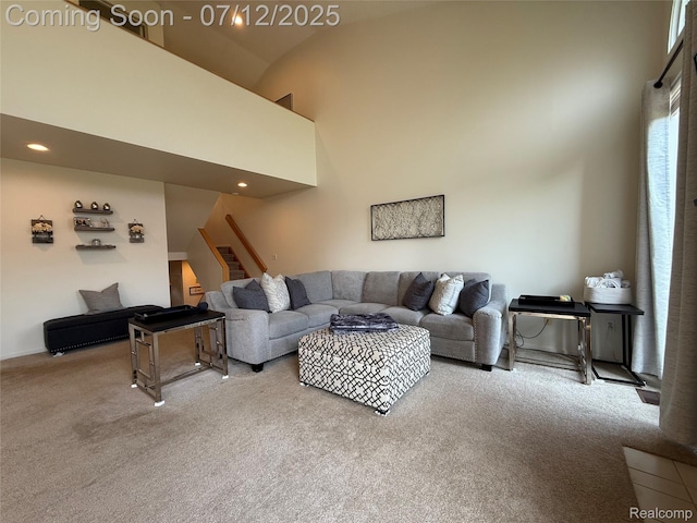 4178 Breckenridge Dr, West Bloomfield, MI 48322 - carpeted living room featuring stairs, recessed lighting, and a high ceiling