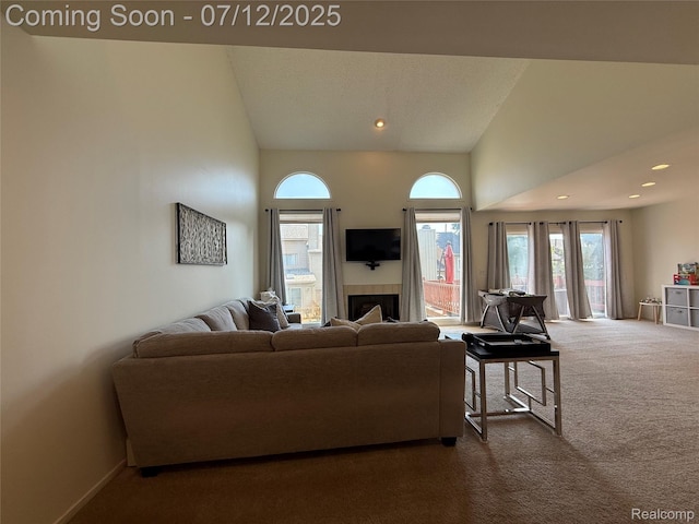 4178 Breckenridge Dr, West Bloomfield, MI 48322 - living area featuring carpet flooring, high vaulted ceiling, plenty of natural light, a fireplace, and recessed lighting